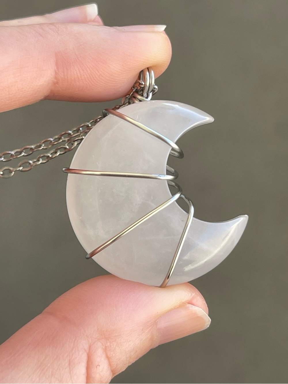 Clear Quartz Crescent Moon Pendant Necklace Stainless Steel